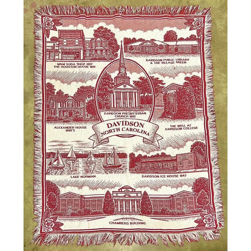 VTG Davidson North Carolina NC Locations Throw Blanket Woven Acrylic Red White